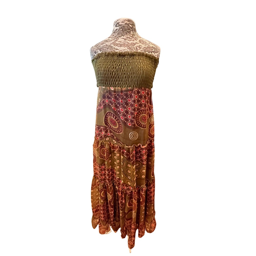 Vintage Y2K Smocked Maxi Dress One Size Green Boho Festival Earthycore Hippie